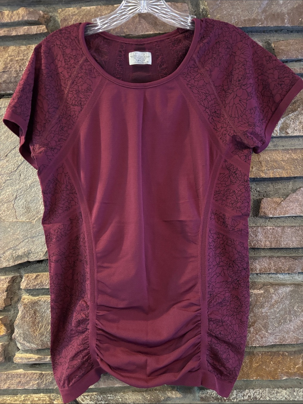 Athleta Burgundy Lace-Panel Short Sleeve Top